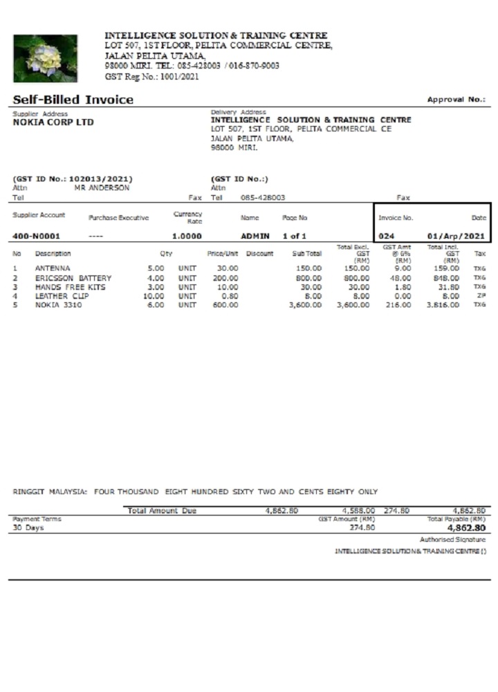 Malaysia Intelligence Solution & Training Centre self billed invoice PSD template